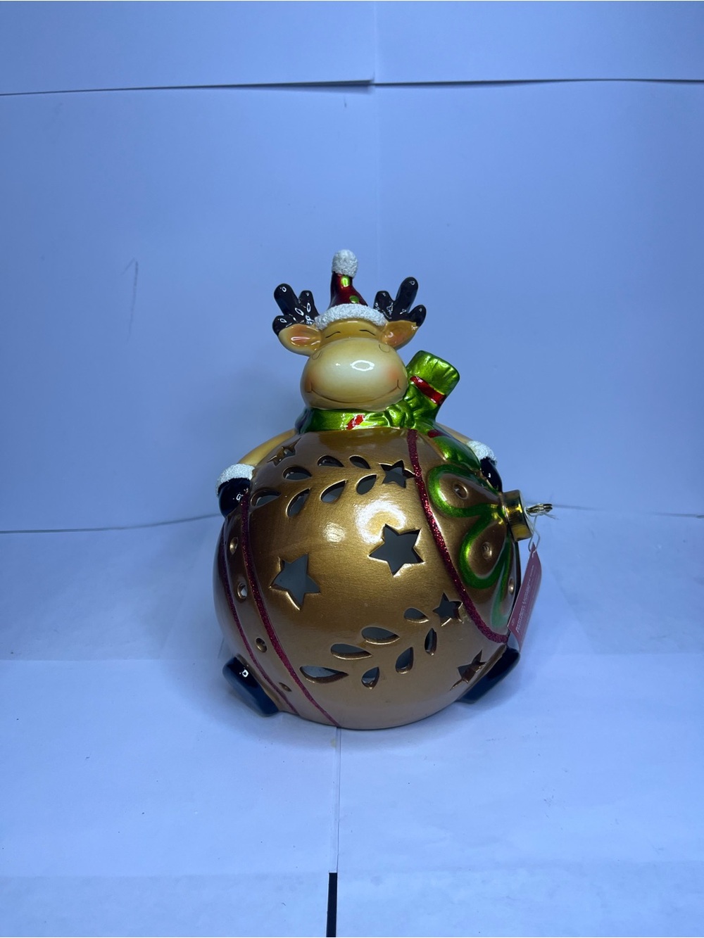 Festive Gold Reindeer Lantern with Green Scarf Accent